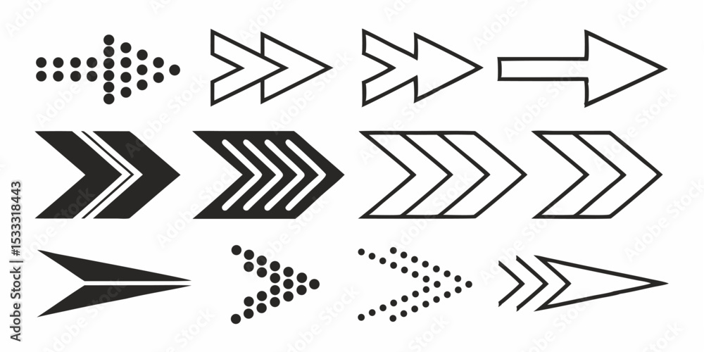 Poster illustration of twelve different arrow designs pointing right with various styles and orientations s