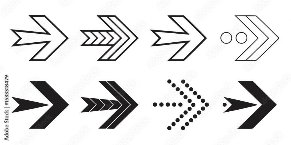 Poster collection of eight different arrow designs pointing to the right in black and white color scheme