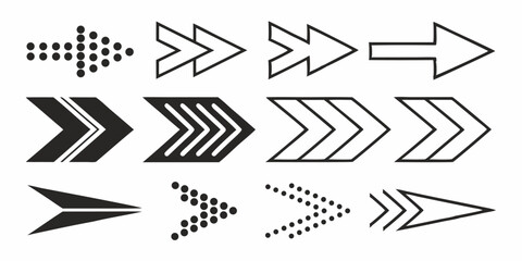 Illustration of twelve different arrow designs pointing right with various styles and orientations shown