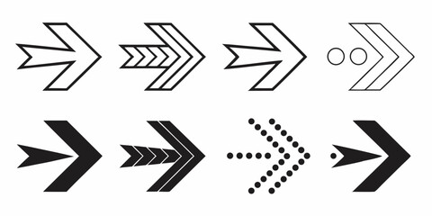 Collection of eight different arrow designs pointing to the right in black and white color scheme