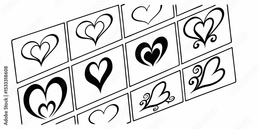 Poster collection of stylized heart shapes arranged in a grid pattern with black outlines on white backgrou