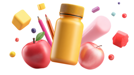 Still life of a yellow bottle with apples and colored shapes floating against a black background on transparent background