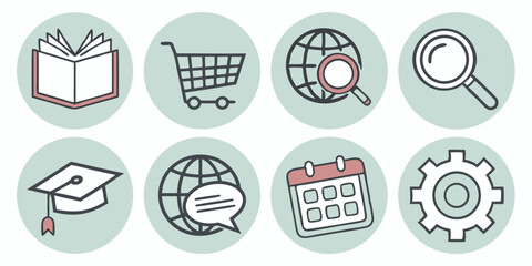 Collection of eight round icons featuring education shopping globe calendar and settings concepts design