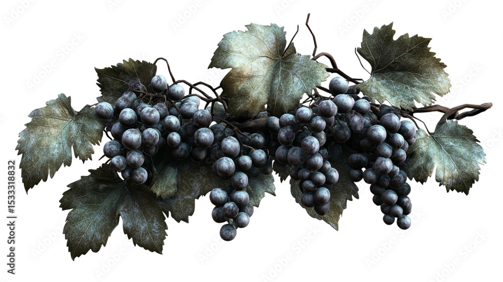 Poster a cluster of dark grapes with green leaves on a black background in a painting style image on transp