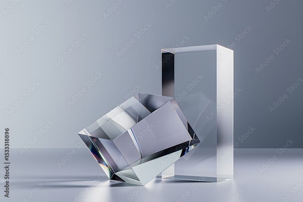 Poster abstract composition of transparent crystal-like 3d shapes suspended in space, glowing edges and ref