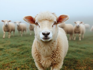 Naklejka premium Sheep in a misty field