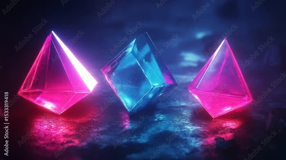 Poster futuristic gems with neon lights: abstract rendering of pyramids and a diamond shape