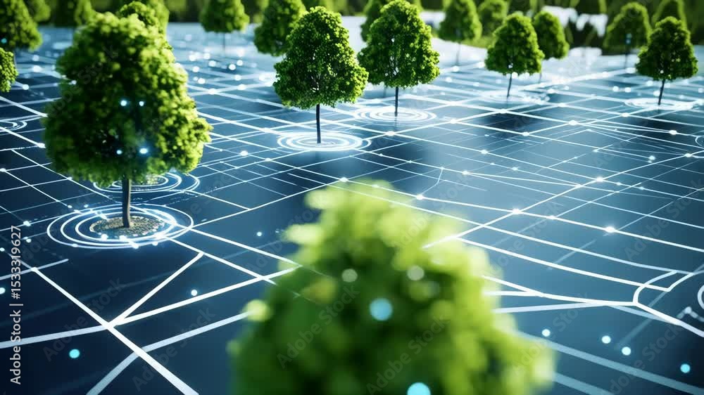 Poster abstract futuristic network with green trees connected to a digital grid, artificial intelligence co