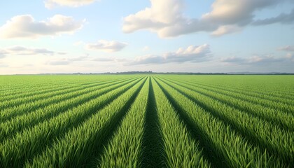 Naklejka premium Wide expanse of a field of crops with parallel rows.