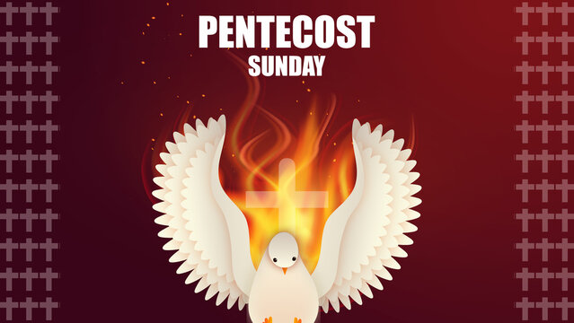 Pentecost Sunday Christian holiday Abstract Poster. Whit Sunday, Whitsunday or Whitsun Vector Illustration. Holy spirit or Holy Ghost. White dove flame graphic. Social media post, Prayer card, website