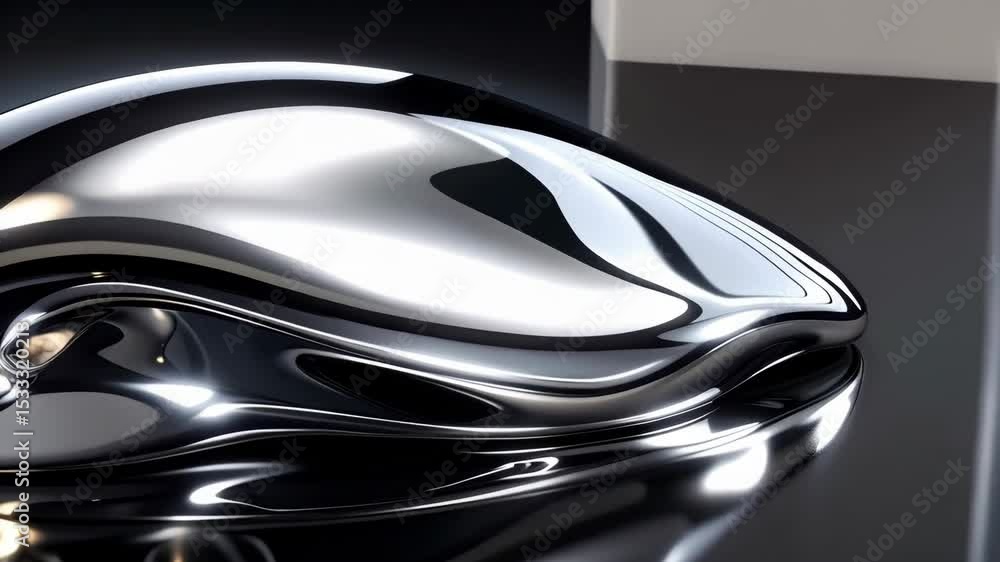 Poster chrome abstract liquid smooth shape with reflections, glossy surface and soft shadow, 3d rendering t
