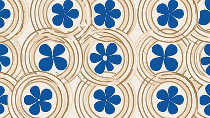 Elegant Floral Circles Seamless Pattern Design with Blue Flowers and Beige Rings
