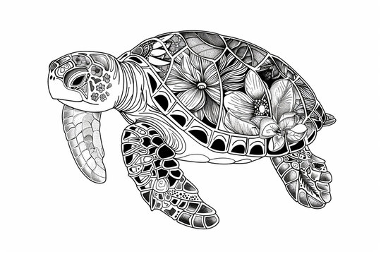 Turtle Mandala art. Animal Illustration for Relaxation and Zen Art, isolated on a white background, suitable for coloring books and coloring pages.
