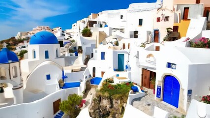 Stunning hillside village architecture with white buildings and iconic blue domed churches facing turquoise ocean under blue skies.