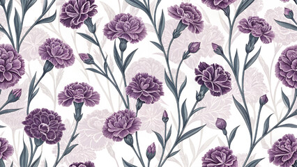 Vector Illustration Seamless Pattern of Small Purple Carnations Flowers