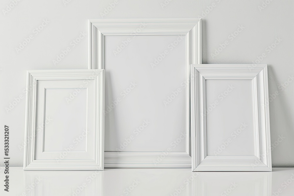 Poster high resolution of three empty white frames on a table with a white background