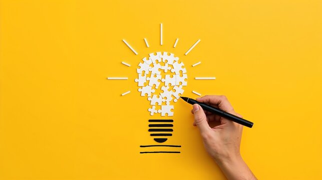 Yellow Background White Puzzle Pieces Lightbulb Concept Minimalist Hand Drawing Black Marker image