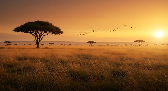 African Savanna Sunset Golden Grasslands, Silhouette Trees, and Flying Birds