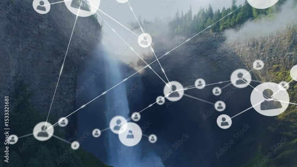 Aufkleber waterfall initiating nodes popping and linking into growing network showing connections over gorge