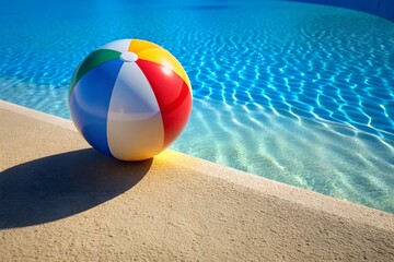 Obraz premium Colorful beach ball resting on blue swimming pool edge under bright summer sunlight