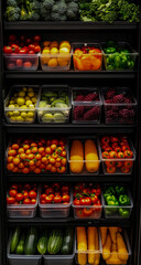 A high-resolution close-up view of the inside of a green vegetable and fruit storage cabinet, where fresh produce is displayed in clear plastic containers arranged on black ventilated shelves.