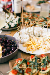 Cheese platter with cherries and bruschetta on festive table during summer lunch, wine tasting event