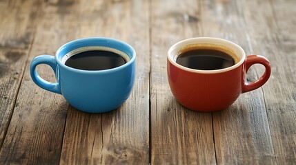 Obraz premium Two Mugs of Dark Coffee on Rustic Wooden Table Blue and Red
