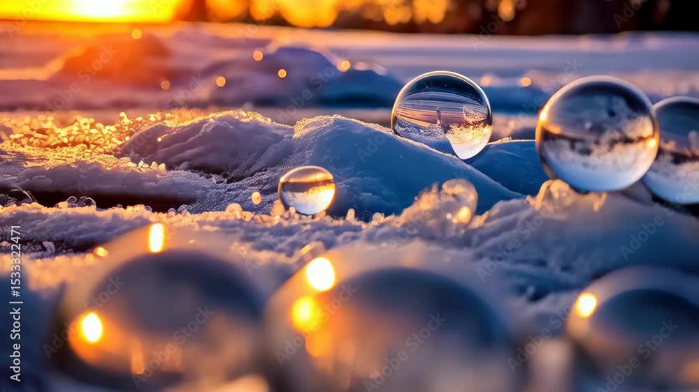 Poster crystal clear spheres with snowflake patterns rest on a snowy landscape under a soft, bokeh filled l