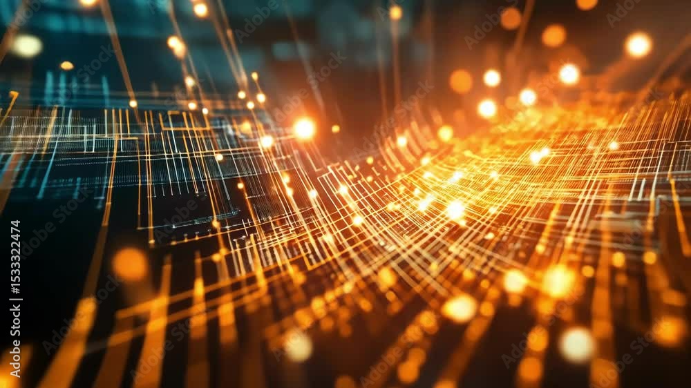 Poster abstract tech background featuring orange and blue glowing particles, dots and lines.