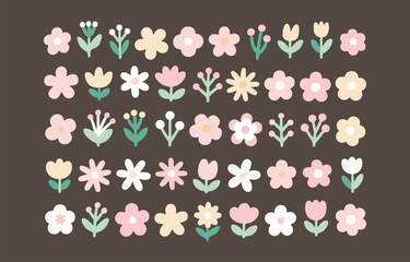 Collection of cute pastel flower and plant illustrations for spring designs