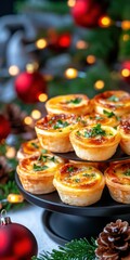 Fototapeta premium Mini quiches on a festive tiered tray create a cozy atmosphere filled with holiday charm and glowing lights, perfect for New Year celebrations