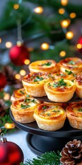 Fototapeta premium Mini quiches elegantly arranged on a tiered tray, surrounded by festive decor and warm lights for a cozy New Year celebration