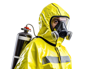 Man in chemical protective suit and gas mask isolated on transparent background.