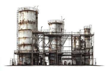 Old oil refinery isolated on white background.