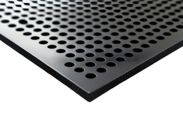 Black perforated metal sheet on transparent background close-up
