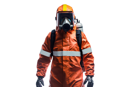 Firefighter wearing protective suit and gas mask isolated on transparent background.