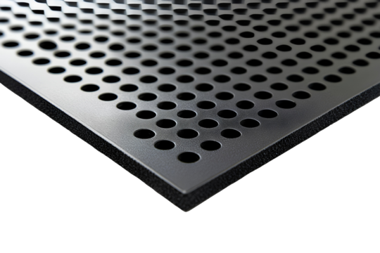 Black perforated metal sheet on transparent background close-up
