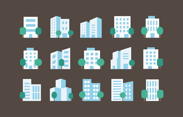 Collection of twelve modern building icons with trees for urban design projects