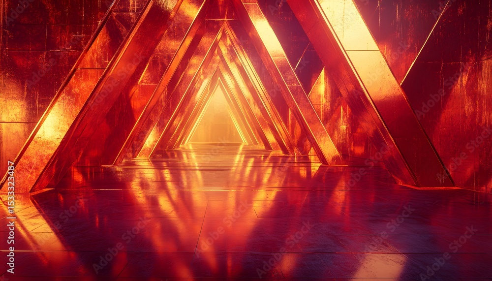 Poster a corridor of triangular structures in a vibrant fiery red.