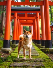 神社の鳥居と柴犬
