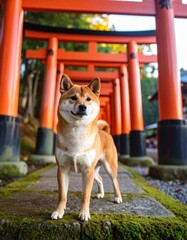 神社の鳥居と柴犬
