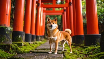 神社の鳥居と柴犬
