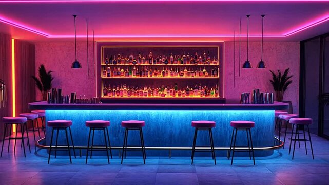 Stylish illuminated bar interior with neon lights offering modern ambiance for nightlife concept and trendy social gathering spot perfect for hospitality