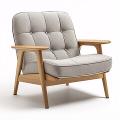 Naklejka premium Modern Scandinavian Armchair. Stylish and Cozy Accent Chair with Gray Upholstery and Wooden Frame for Contemporary Living Room Decor