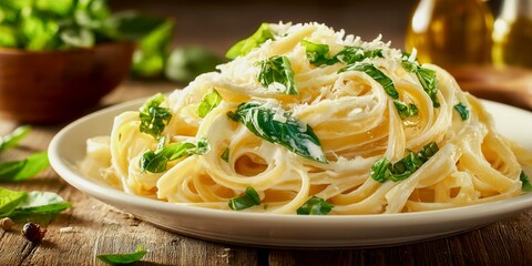 A plate of pasta with green spinach and cheese on top
