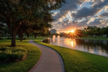 Scenic park lake sunset with pathway and building backdrop
