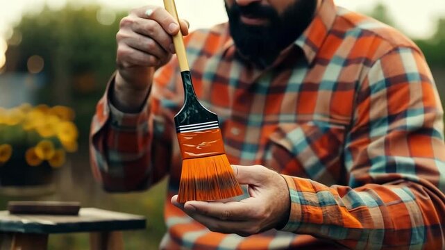 Adult man resting with paintbrush in garden, wearing plaid shirt and jeans.