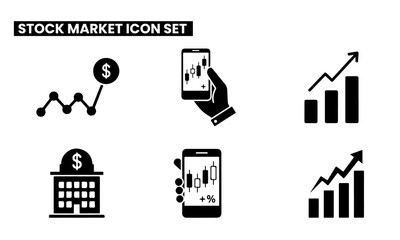 Stock Market Financial Icons set. Monochrome icons for stock market: graphs, mobile trading, financial building, and dollar symbols.
