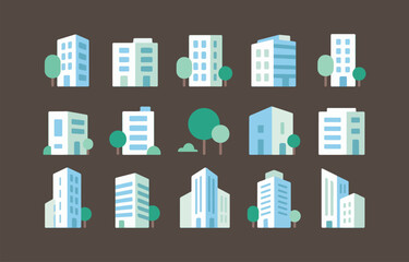Collection of flat style building icons with trees for urban design projects