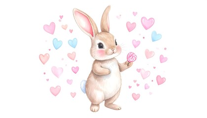 Obraz premium Adorable Baby Bunny Surrounded by Pastel Hearts Holding a Sweet Candy in Watercolor Style